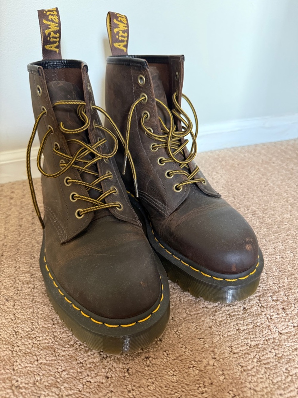 Dr. Martens Dark Brown Leather 8-Eye Lace-Up Boots with Yellow Accents - Picture 2 of 5